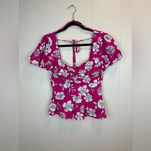 NWT Francesca’s Bright Pink Fit and Flare Top w/Puff Sleeves & V-neck with knot